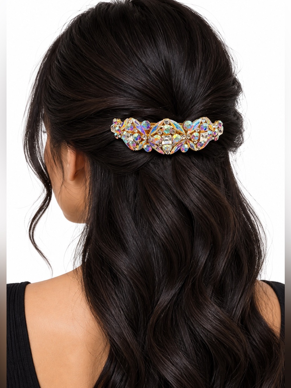NWT 90s Gold Hair Clip with Multicolored Rhinestones 4” long